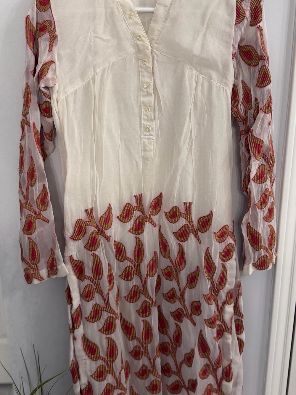 Cream Embroidered Long Sleeve Tunic Top - Unbranded